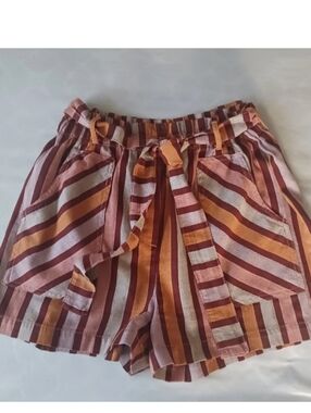 Anthropologie S Striped Paperbag Waist Women’s Shorts in Rust Pink Summer